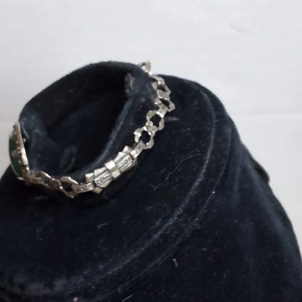 Vintage Art Deco Sterling Marcasite Green Chalcedony Bracelet Oval Cabochon - Picture 8 of 8